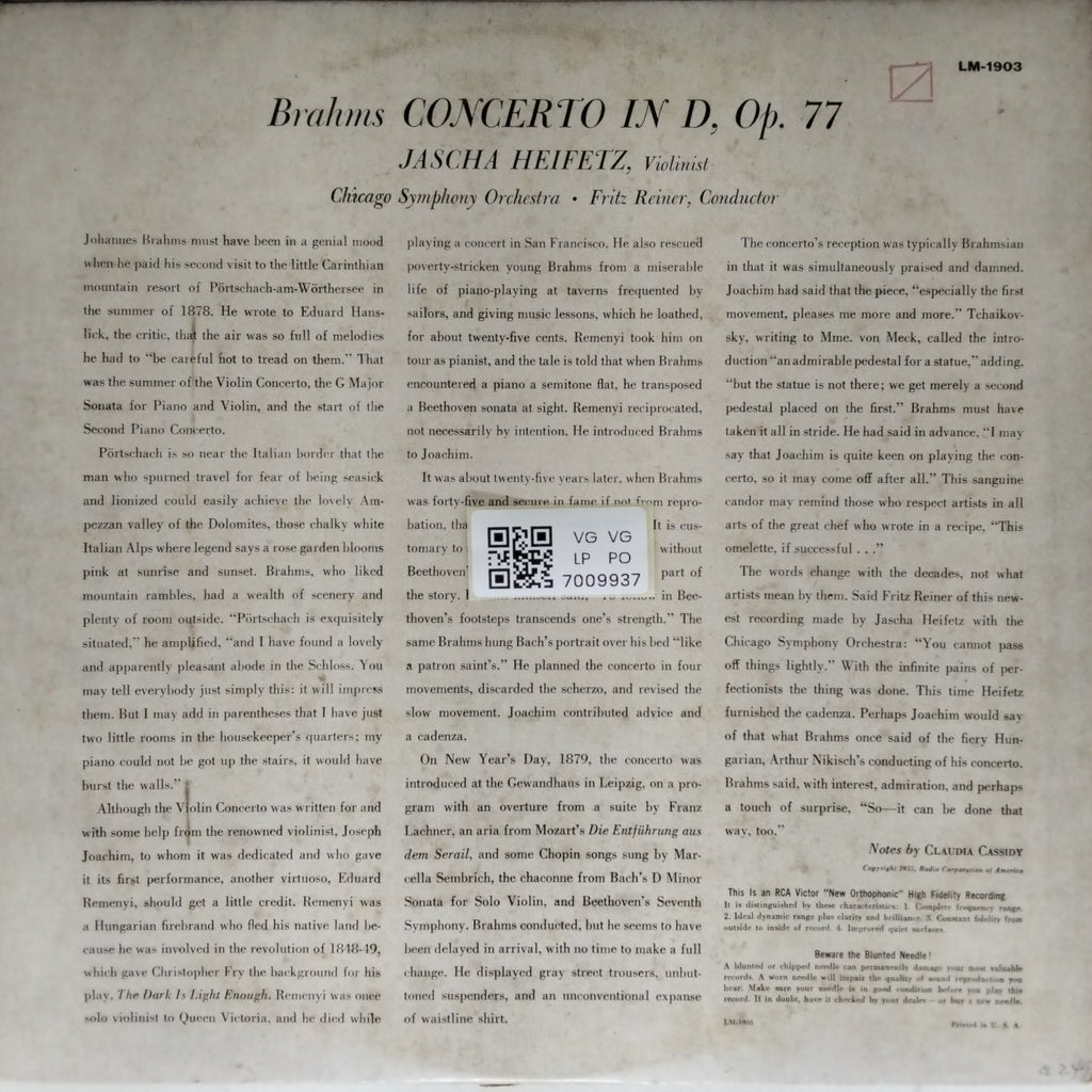 Jascha Heifetz, Chicago Symphony Orchestra, Fritz Reiner - Brahms Violin Concerto (Vinyl)