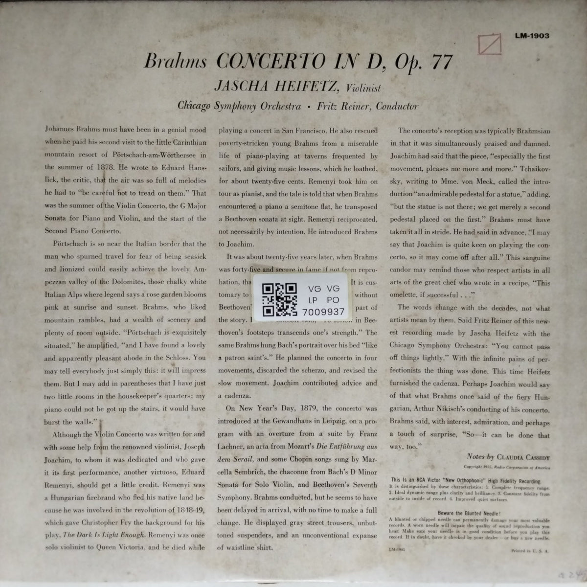 Jascha Heifetz, Chicago Symphony Orchestra, Fritz Reiner - Brahms Violin Concerto (Vinyl)