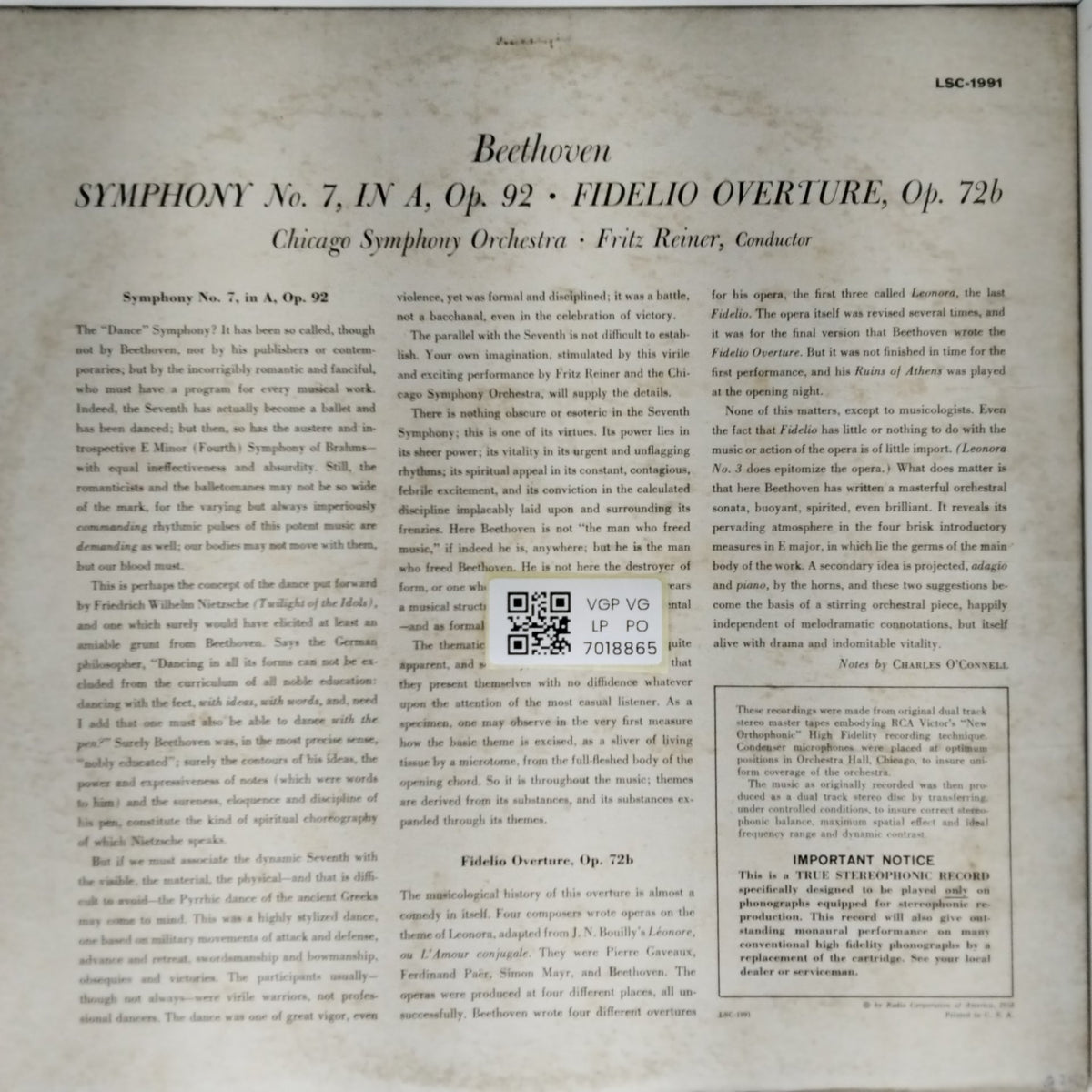 Chicago Symphony Orchestra, Fritz Reiner - Symphony No. 7 / Fidelio Overture (Vinyl)