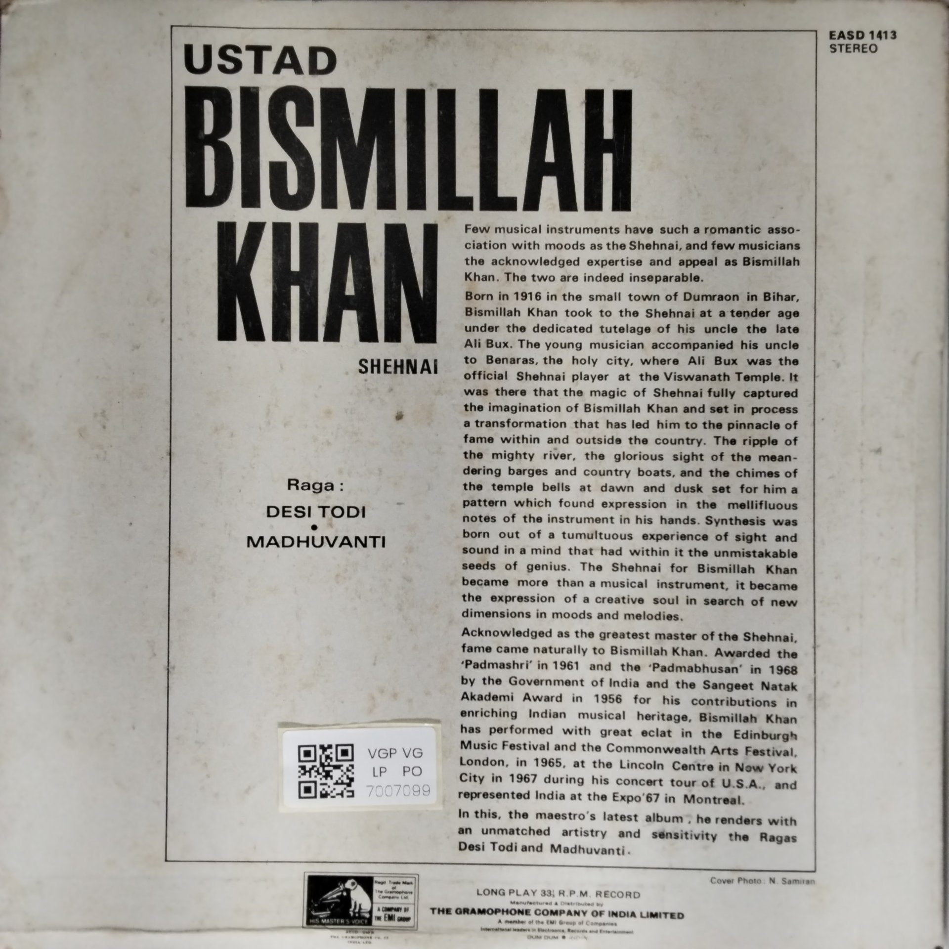 Ustad Bismillah Khan - Raga: Desi Todi • Madhuvanti (Vinyl)