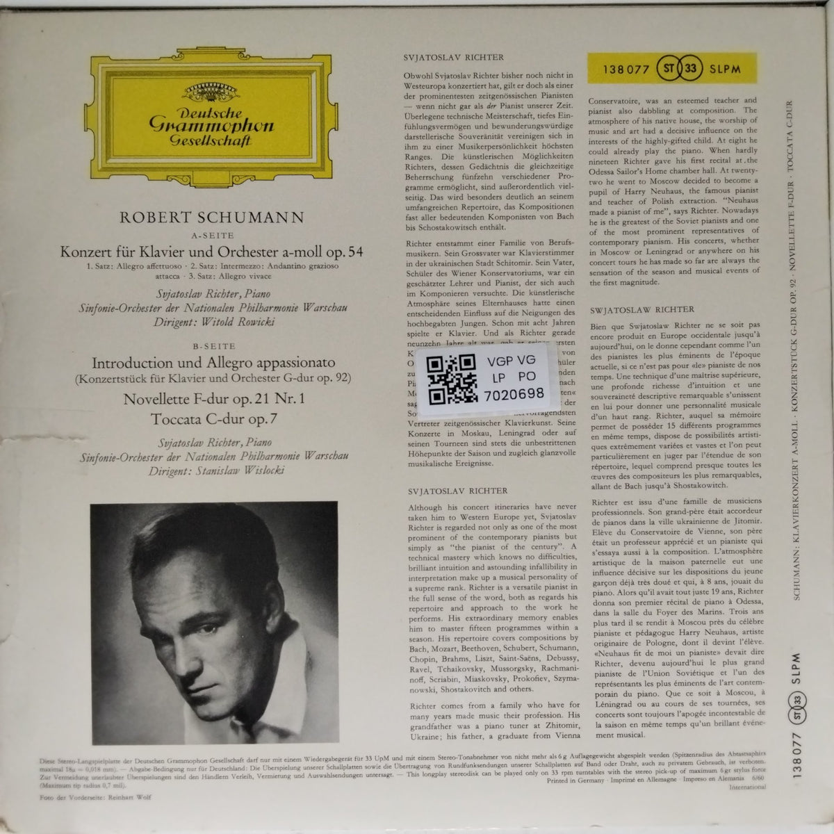 Svjatoslav Richter - Klavierkonzert a-moll op. 54; Introduction und Allegro appassionato op. 92; Novenlette op. 21 No. 1; Toccata op. 7 (Vinyl)