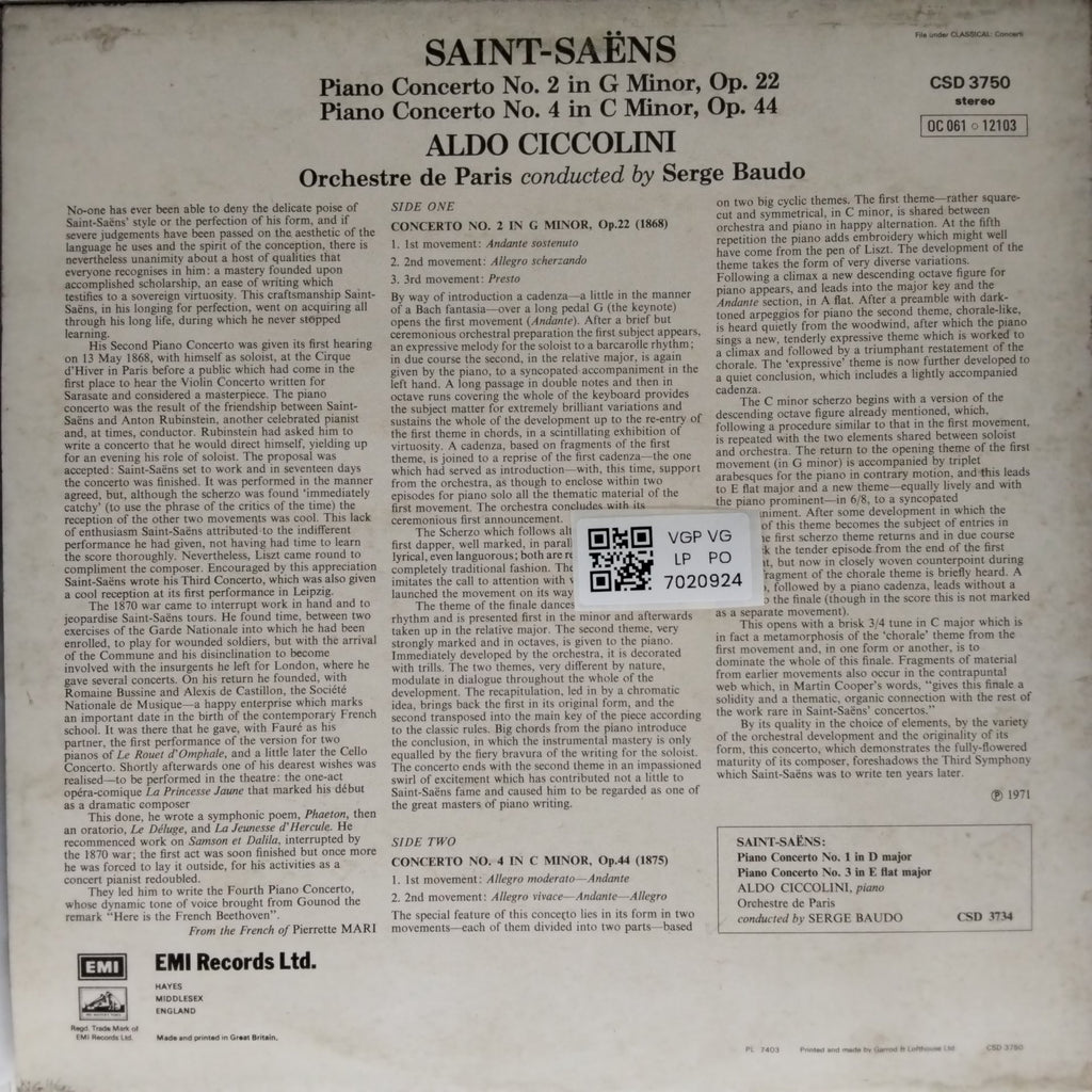 Saint-Saëns, Aldo Ciccolini, Orchestre de Paris, Serge Baudo - Piano Concerto No. 2 & No. 4 (Vinyl)