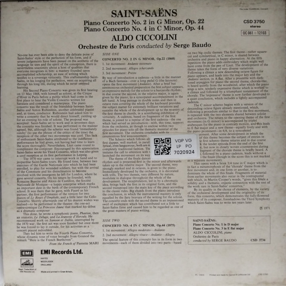 Saint-Saëns, Aldo Ciccolini, Orchestre de Paris, Serge Baudo - Piano Concerto No. 2 & No. 4 (Vinyl)