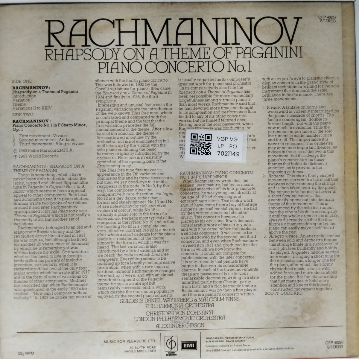 Rachmaninov - Rhapsody on a Theme of Paganini / Piano Concerto No.1 (Vinyl)