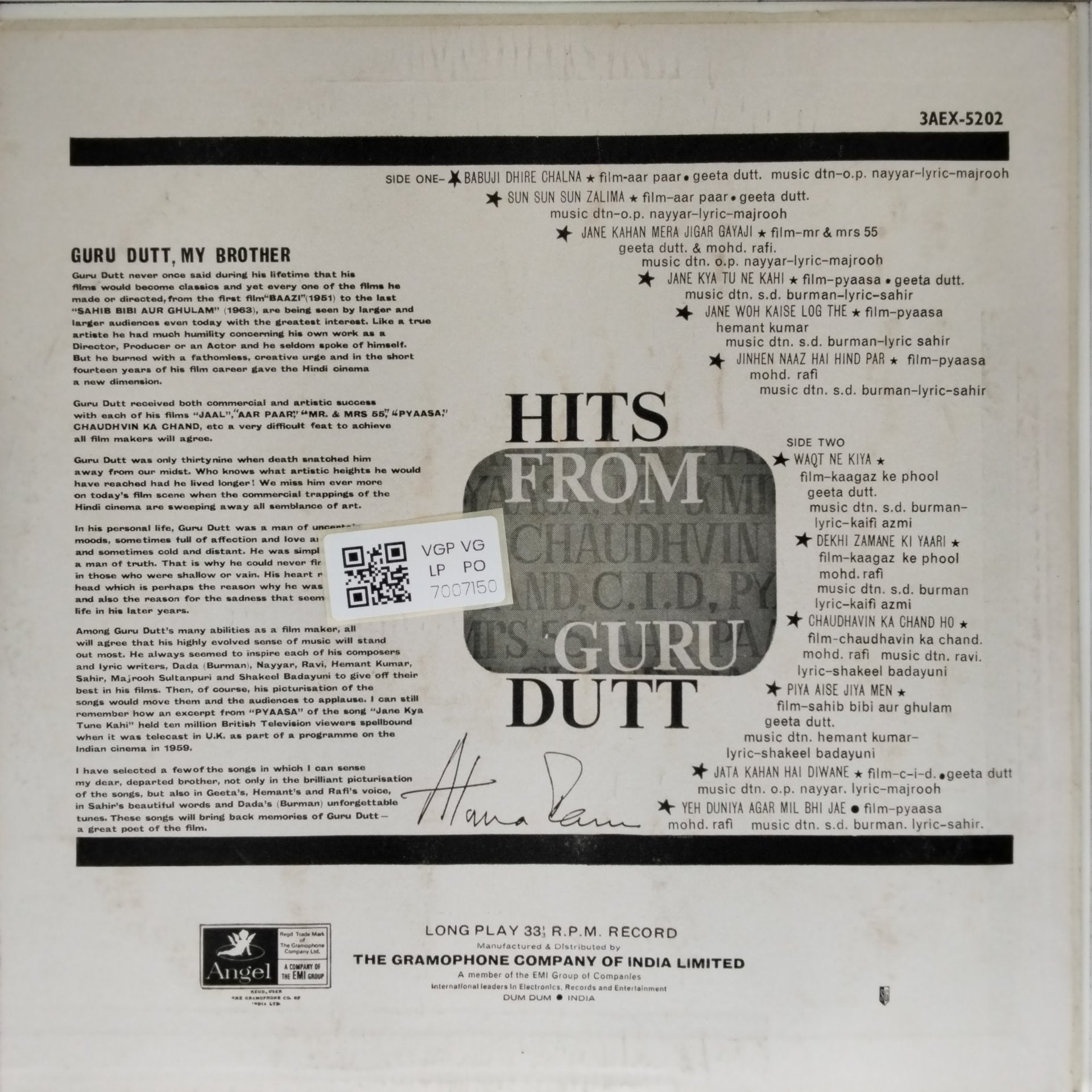 O.P. Nayyar, S.D. Burman - Hits from Guru Dutt (Vinyl)