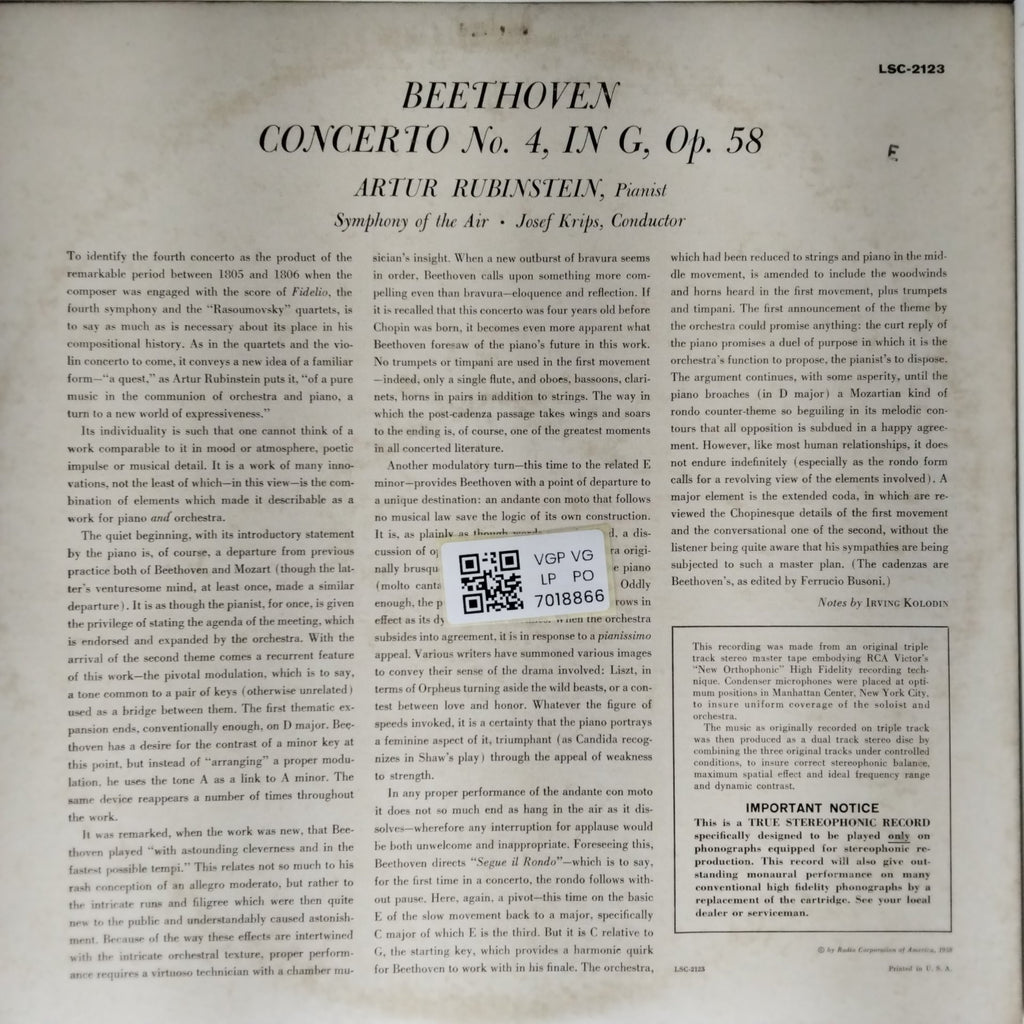 Beethoven, Artur Rubinstein, Josef Krips, Symphony of the Air - Concerto No. 4 (Vinyl)