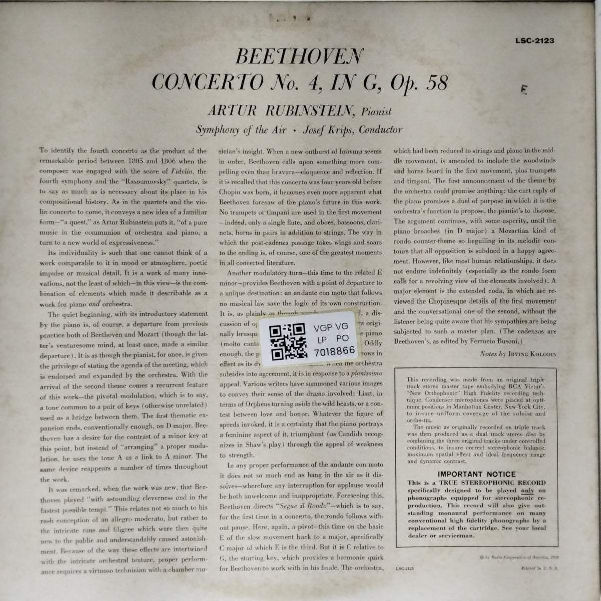 Beethoven, Artur Rubinstein, Josef Krips, Symphony of the Air - Concerto No. 4 (Vinyl)