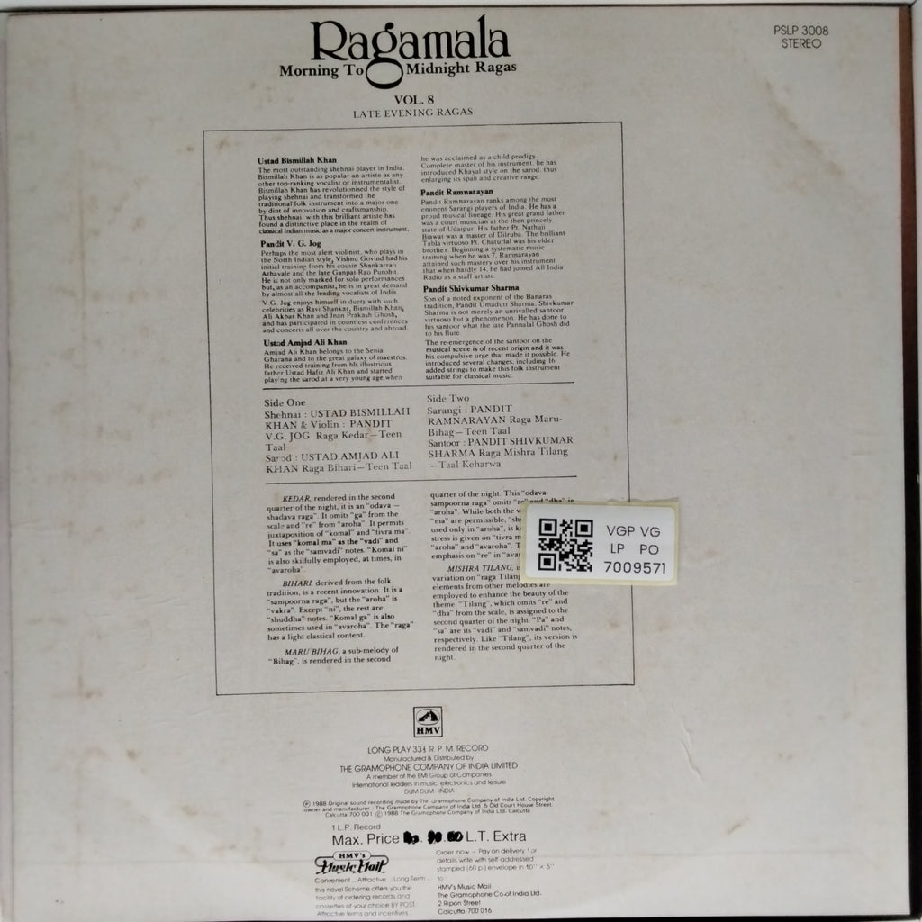 Ustad Bismillah Khan, Pandit V.G. Jog, Ustad Amjad Ali Khan, Pandit Ramnarayan, Pandit Shivkumar Sharma - Late Evening Ragas Vol. 8 (Vinyl)