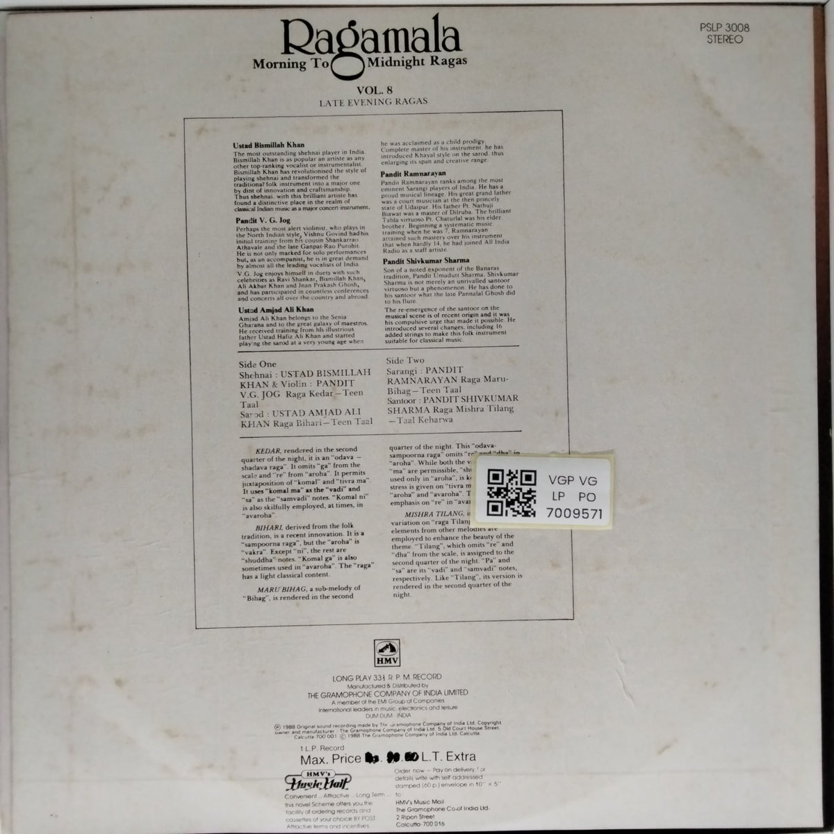Ustad Bismillah Khan, Pandit V.G. Jog, Ustad Amjad Ali Khan, Pandit Ramnarayan, Pandit Shivkumar Sharma - Late Evening Ragas Vol. 8 (Vinyl)