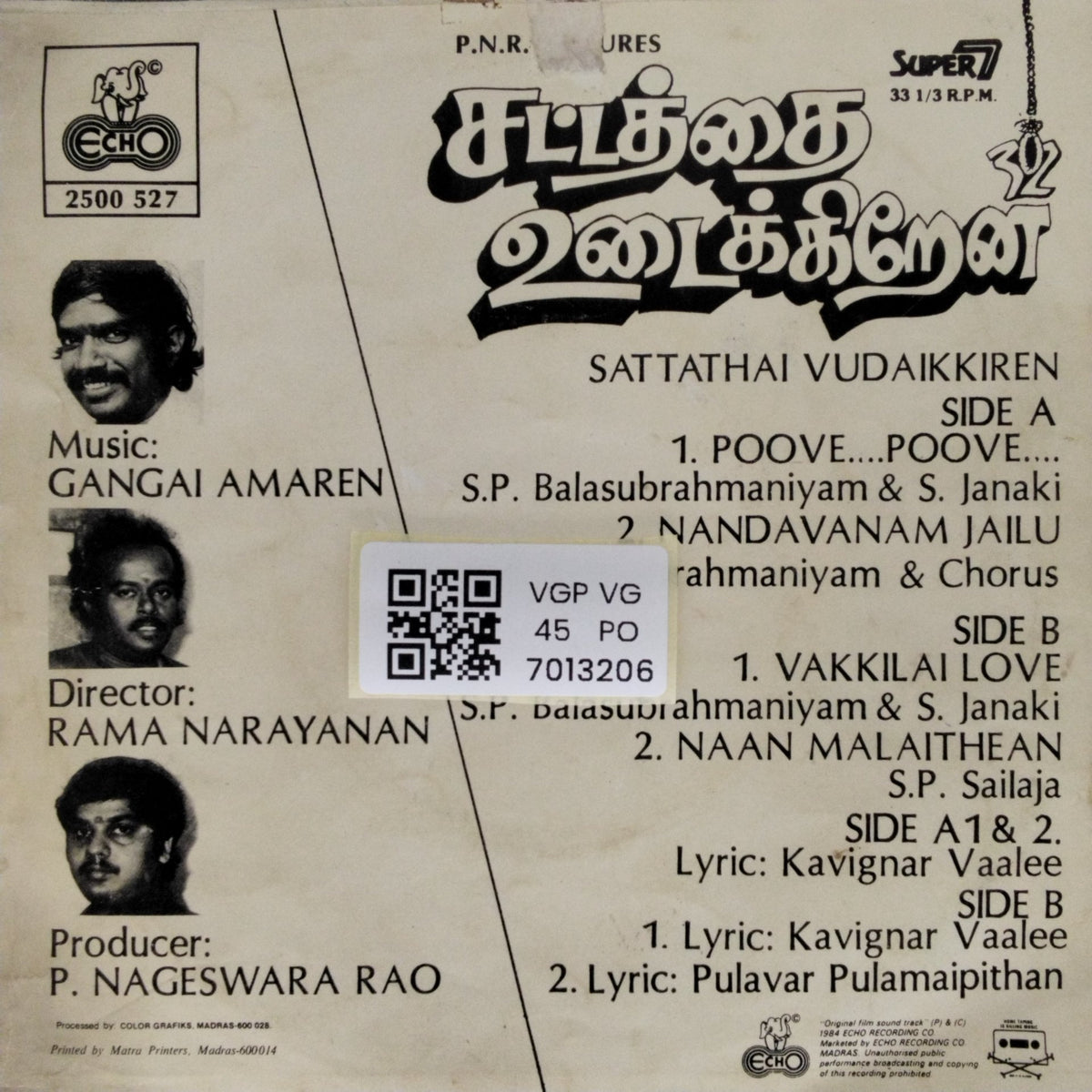 Gangai Amaren - Sattathai Vudaikkiren (45-RPM)
