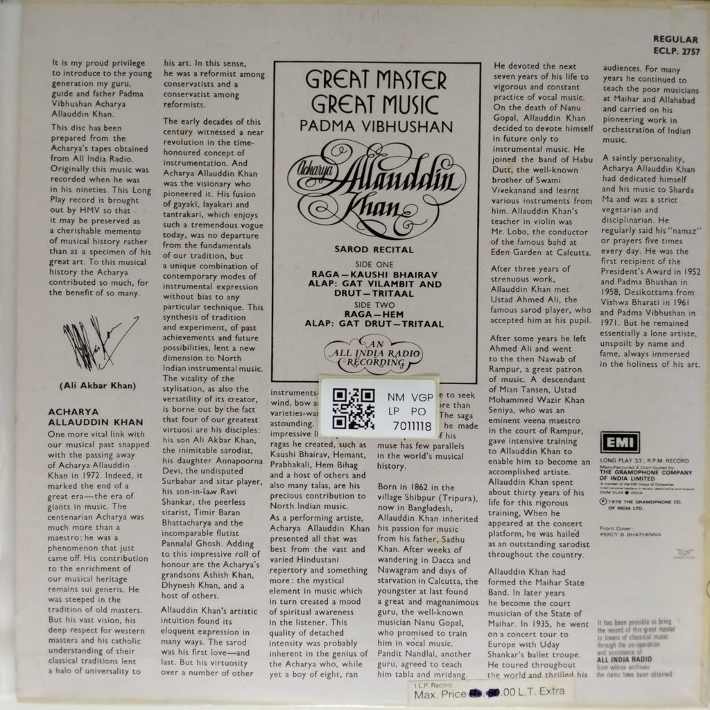 Acharya Allauddin Khan - Great Master Great Music (Vinyl)