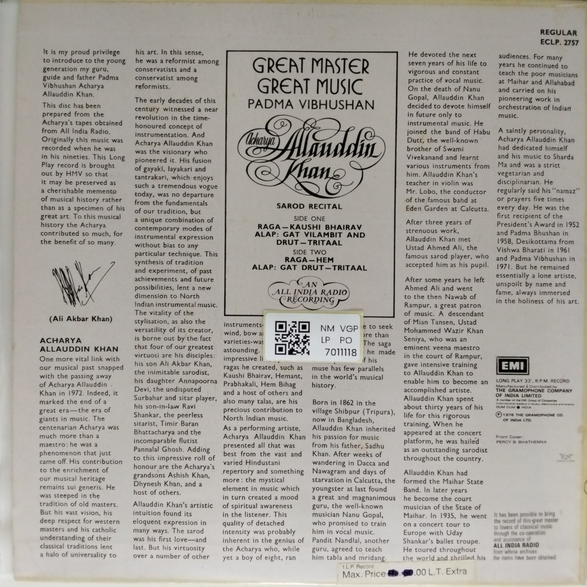 Acharya Allauddin Khan - Great Master Great Music (Vinyl)