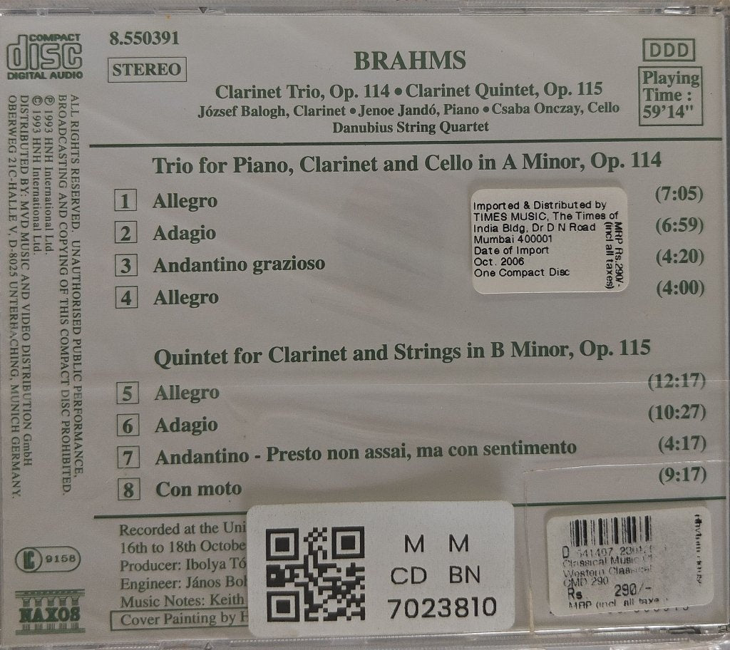 József Balogh, Jeno Jandó, Csaba Onczay, Danubius String Quartet - Clarinet Trio, Op. 114 / Clarinet Quintet, Op. 115 (CD)