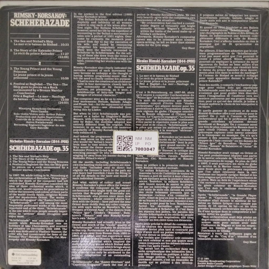 Winnipeg Symphony Orchestra, Piero Gamba - Scheherazade (Vinyl)