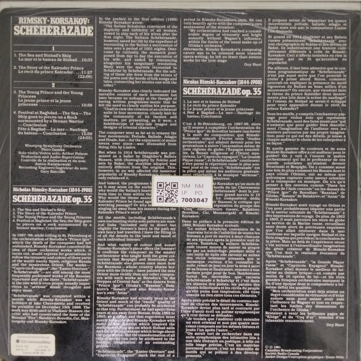 Winnipeg Symphony Orchestra, Piero Gamba - Scheherazade (Vinyl)