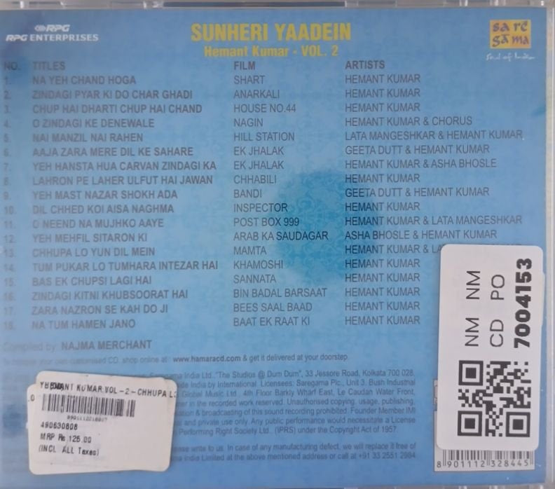 Hemant Kumar - Sunheri Yaadein Chhupa Lo Yun Dil Mein Vol. 2 (CD)