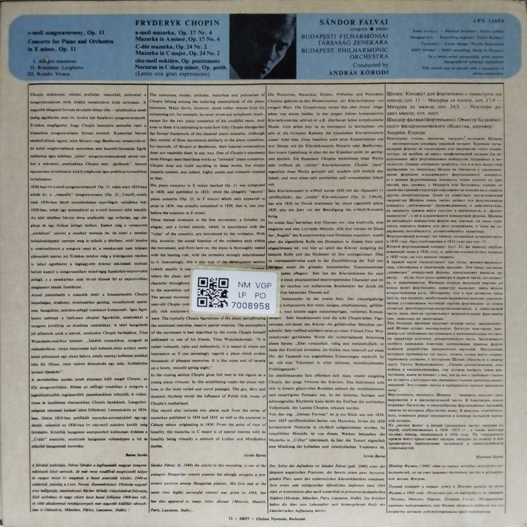 Sandór Falvai, Budapest Philharmonic Orchestra, András Kórodi - Chopin: Piano Concerto in E minor, Op. 11; Mazurkas in a, Op. 17/4 and in C, Op. 24/2; Nocturne in c#, Op. posth. (Vinyl)
