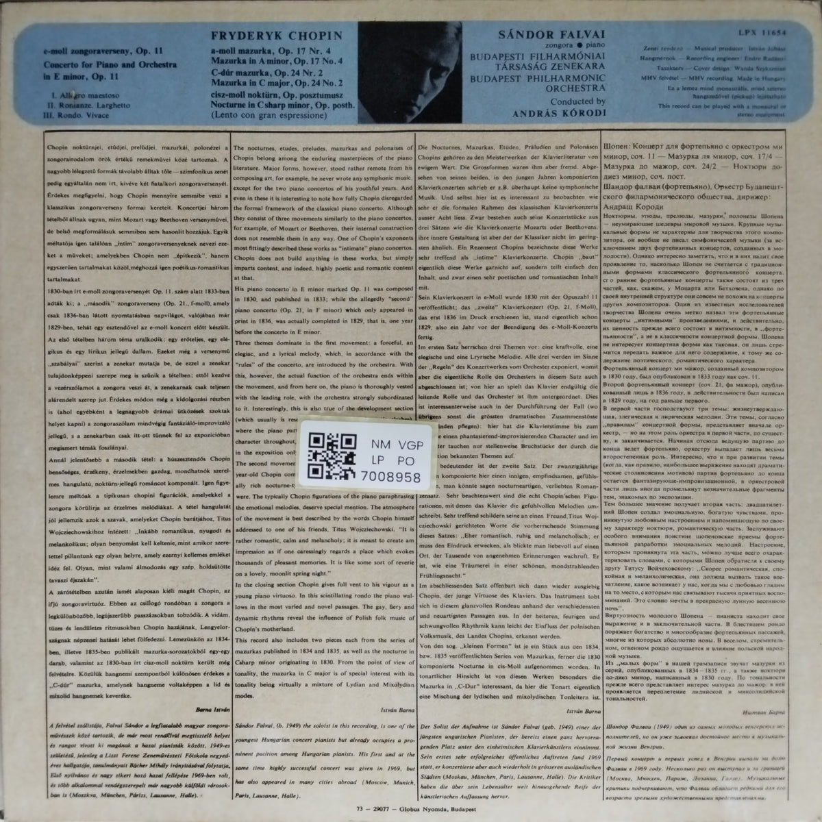 Sandór Falvai, Budapest Philharmonic Orchestra, András Kórodi - Chopin: Piano Concerto in E minor, Op. 11; Mazurkas in a, Op. 17/4 and in C, Op. 24/2; Nocturne in c#, Op. posth. (Vinyl)