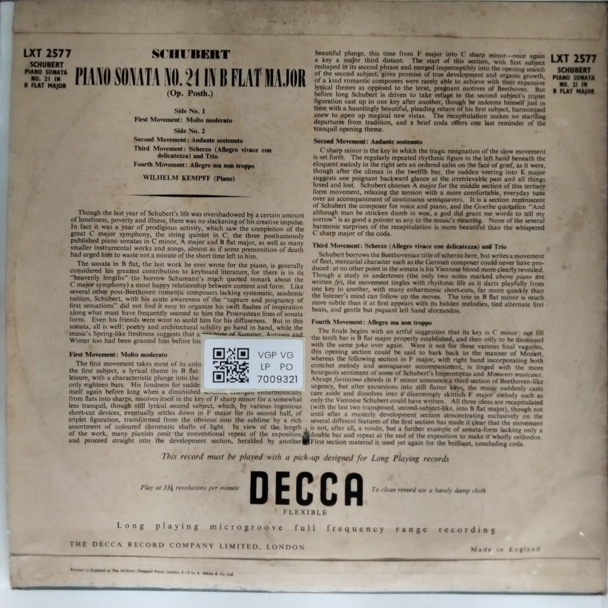 Wilhelm Kempff - Piano Sonata No. 21 in B Flat Major (Op. Posth.) (Vinyl)