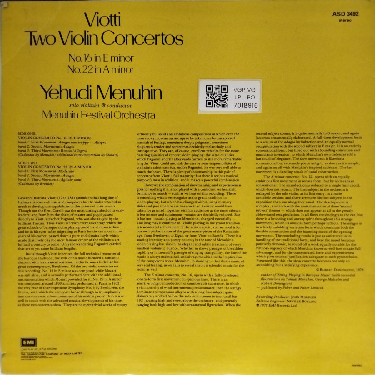 Yehudi Menuhin, Menuhin Festival Orchestra - Viotti Two Violin Concertos No.16 in E minor No.22 in A minor (Vinyl)