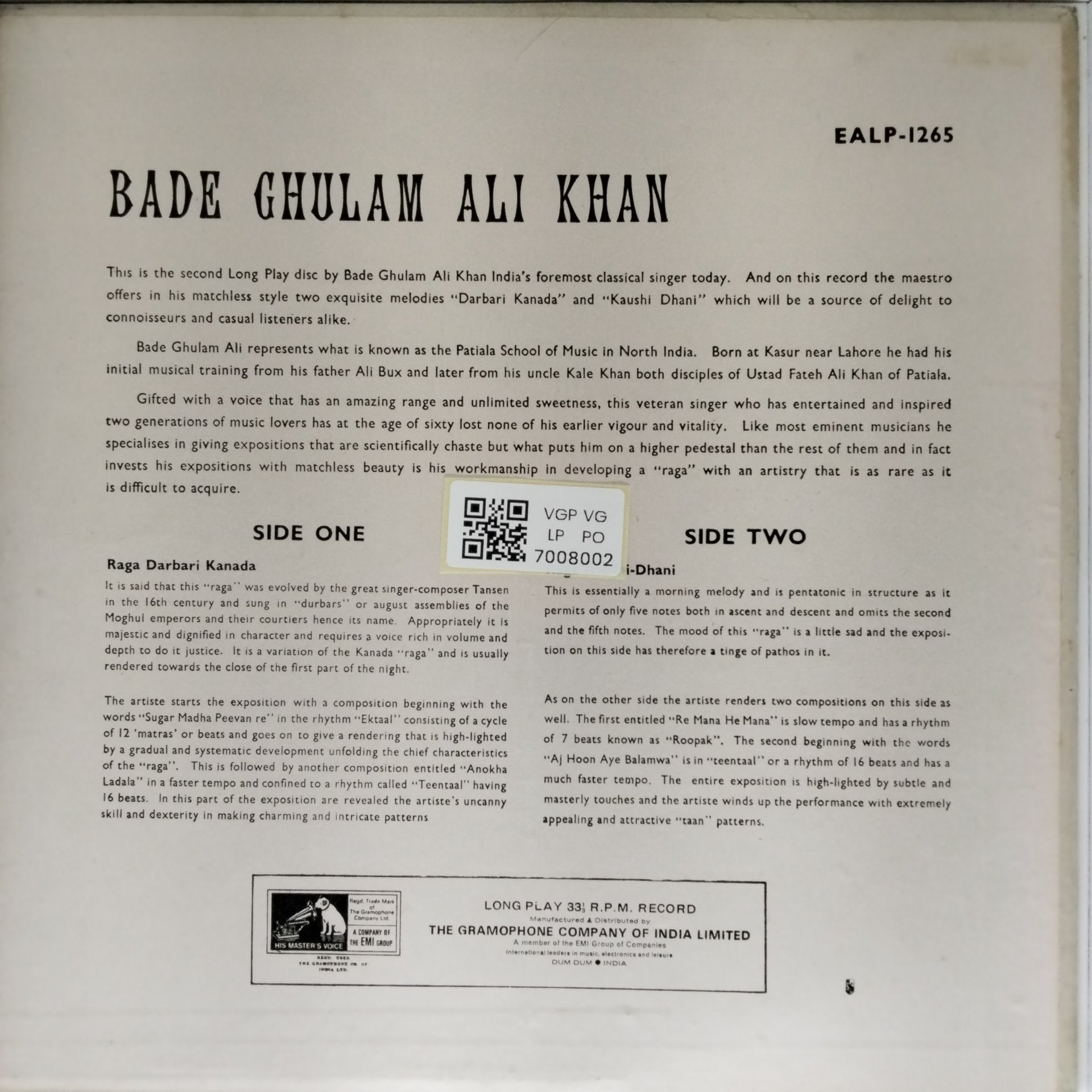 Bade Ghulam Ali Khan - Raga - Darbari Kanada, Raga - Kaushi - Dhani (Vinyl)