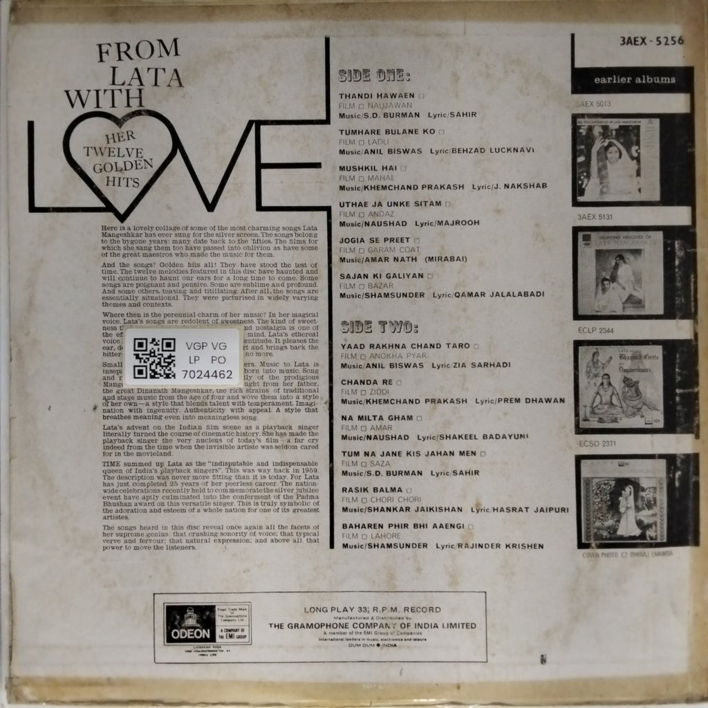 Lata Mangeshkar - From Lata With Love (Vinyl)