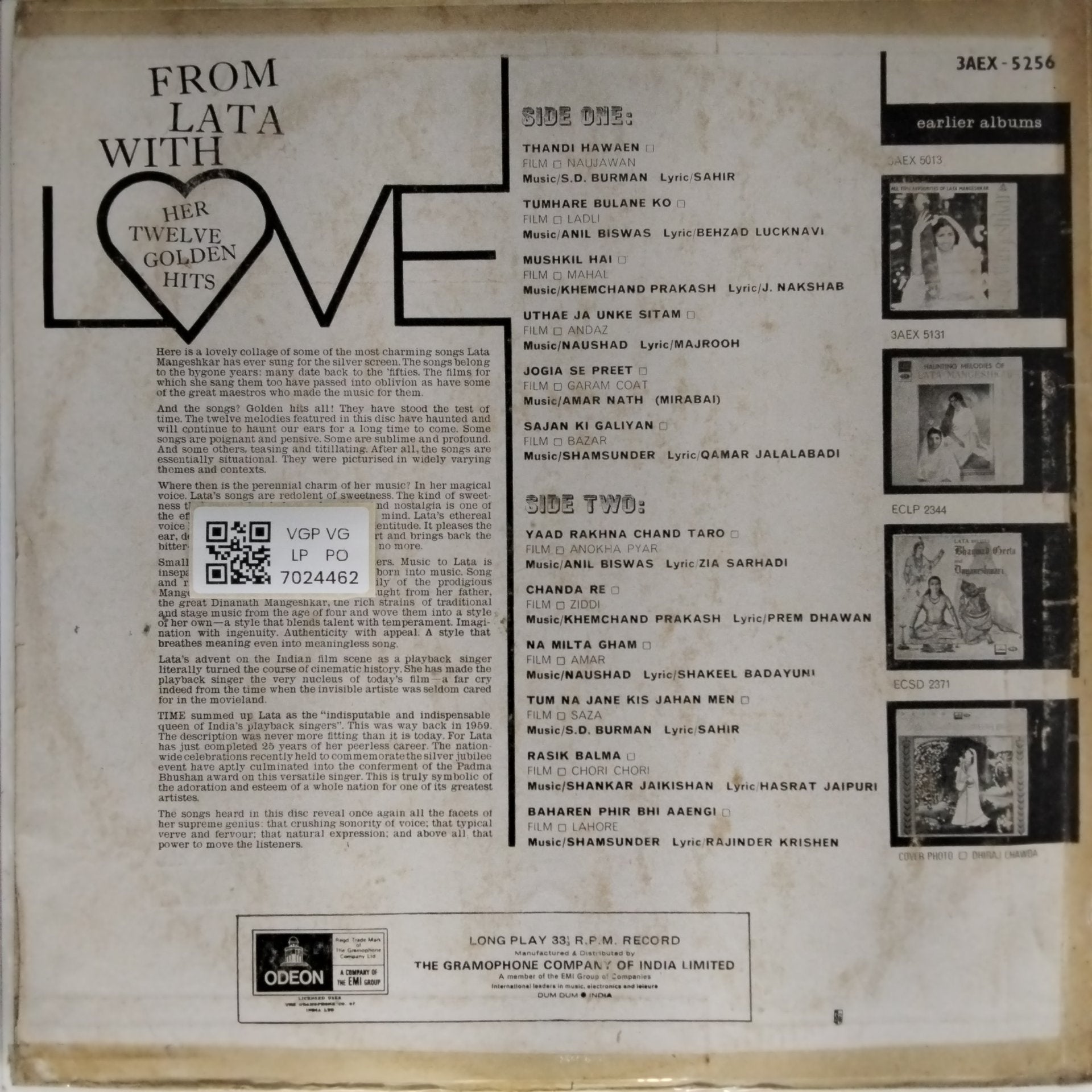 Lata Mangeshkar - From Lata With Love (Vinyl)