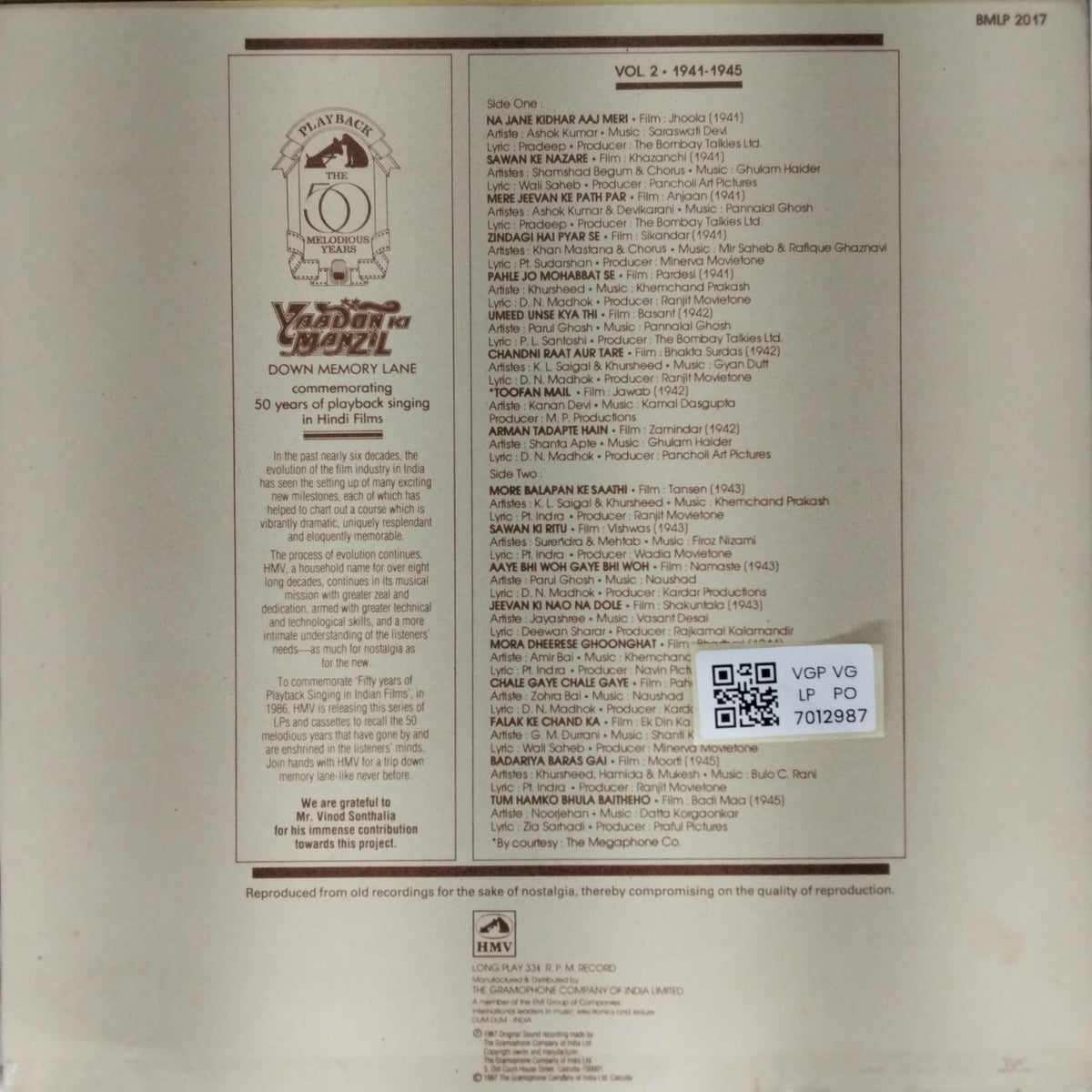 Various - Yaadon Ki Manzil: Down Memory Lane (Vol 2) (Vinyl)