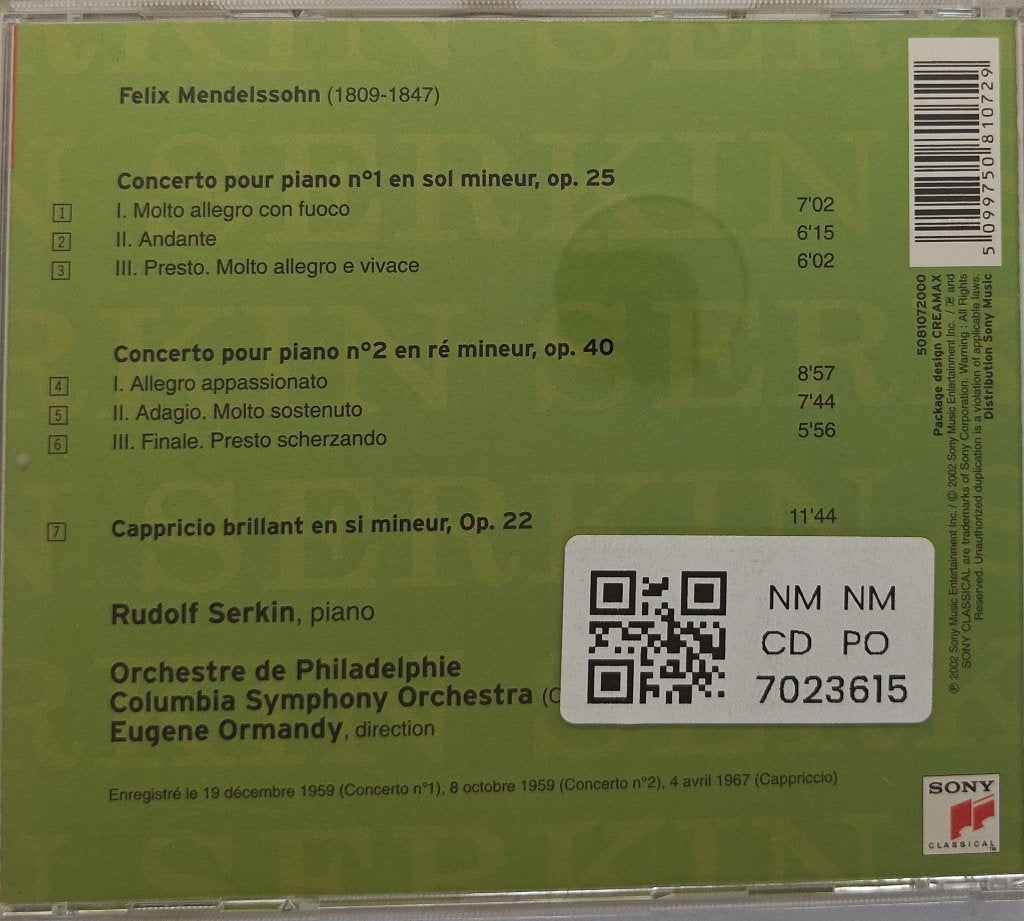 Rudolf Serkin - Mendelssohn: Concertos pour piano n° 1 & 2 (CD)