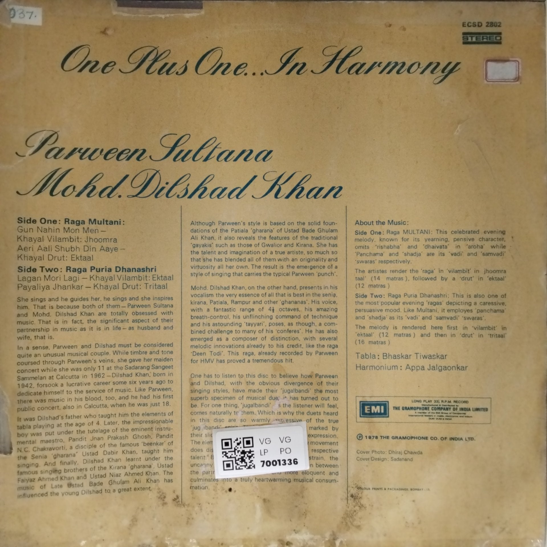 Parween Sultana, Mohd. Dilshad Khan - One Plus One... In Harmony (Vinyl)