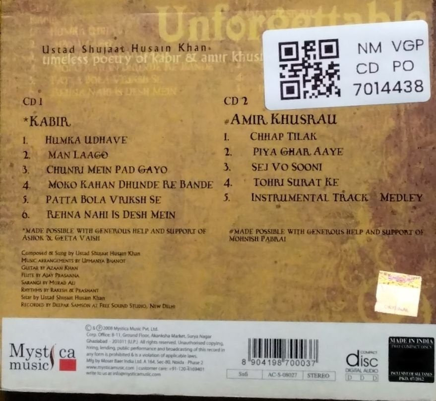 Ustad Shujaat Husain Khan - Unforgettable Sufis (CD)