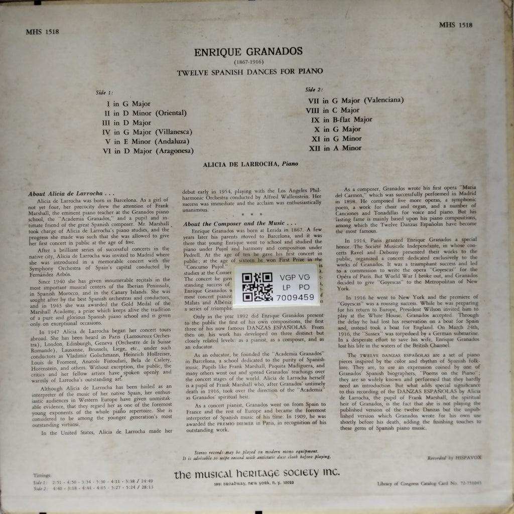Alicia De Larrocha - Twelve Spanish Dances for Piano (Vinyl)