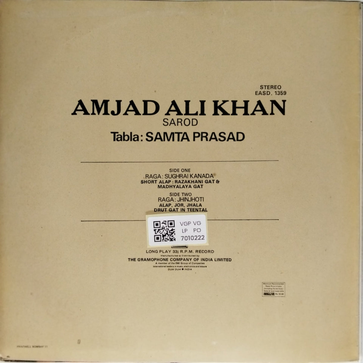 Amjad Ali Khan - Raga Sughrai Kanada / Raga Jhinjoti (Vinyl)