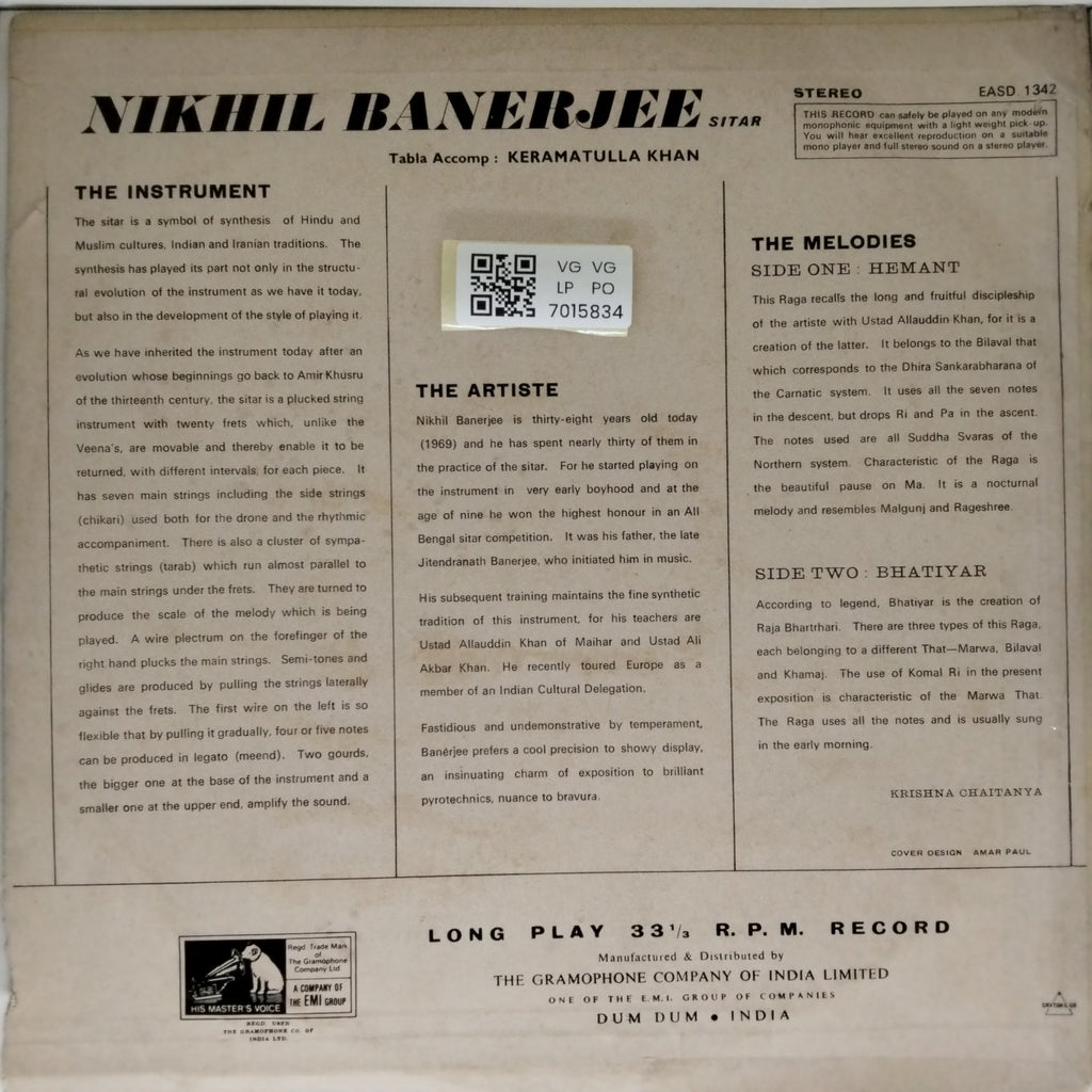 Nikhil Banerjee - Raga Hemant, Raga Bhatiar (Vinyl)