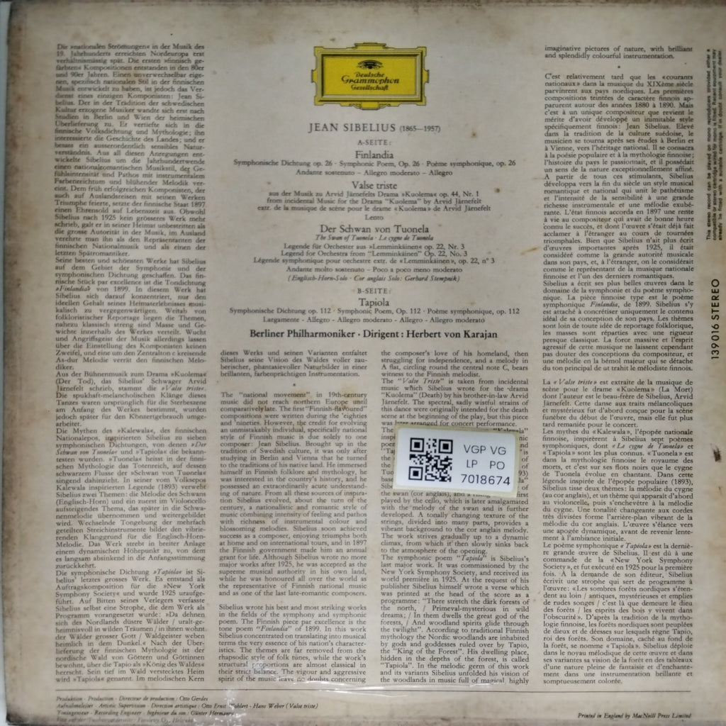 Jean Sibelius - Finlandia · Valse Triste · The Swan of Tuonela · Tapiola (Vinyl)