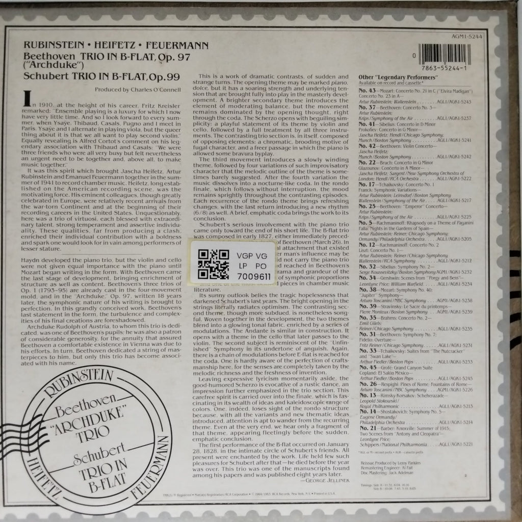 Rubinstein, Heifetz, Feuermann - Beethoven 'Archduke' Trio, Schubert Trio in B-Flat (Vinyl)