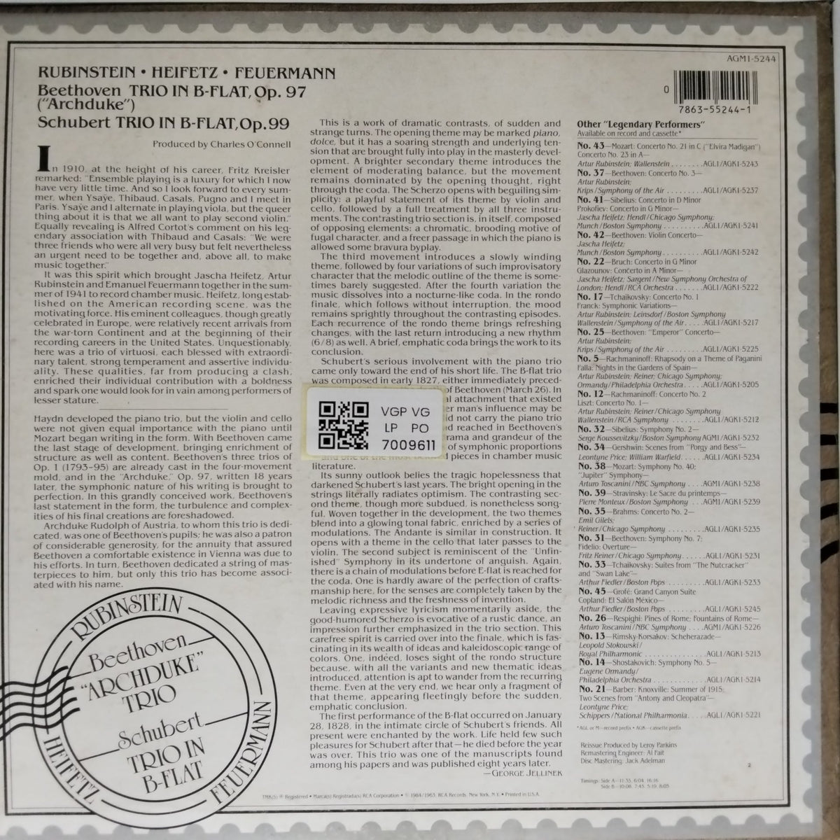 Rubinstein, Heifetz, Feuermann - Beethoven 'Archduke' Trio, Schubert Trio in B-Flat (Vinyl)