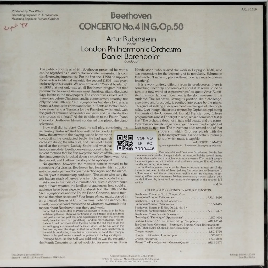 Artur Rubinstein, Daniel Barenboim - Beethoven Concerto No. 4 (Vinyl)