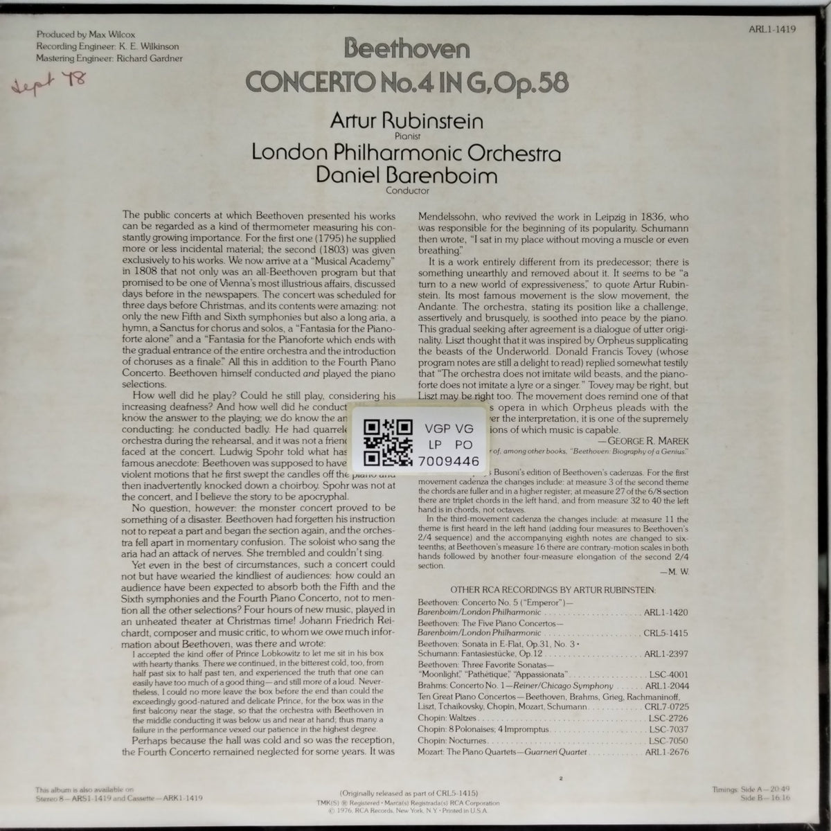Artur Rubinstein, Daniel Barenboim - Beethoven Concerto No. 4 (Vinyl)