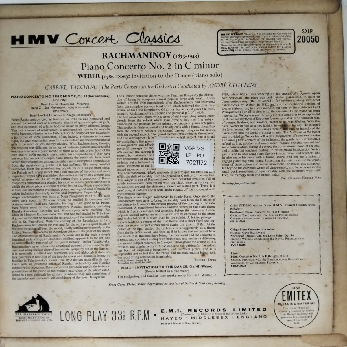 Gabriel Tacchino, Paris Conservatoire Orchestra, André Cluytens - Rachmaninov Piano Concerto No. 2 / Weber - Invitation to the Dance (Vinyl)
