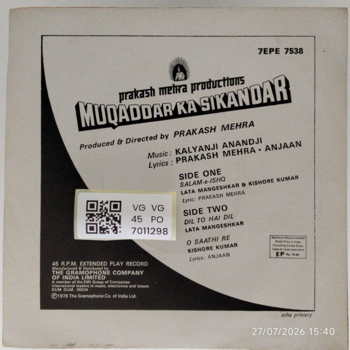 Kalyanji Anandji - Muqaddar Ka Sikandar (45-RPM)