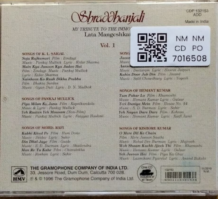 Lata Mangeshkar - Shraddhanjali: My Tribute to the Immortals Vol. 1 (CD)