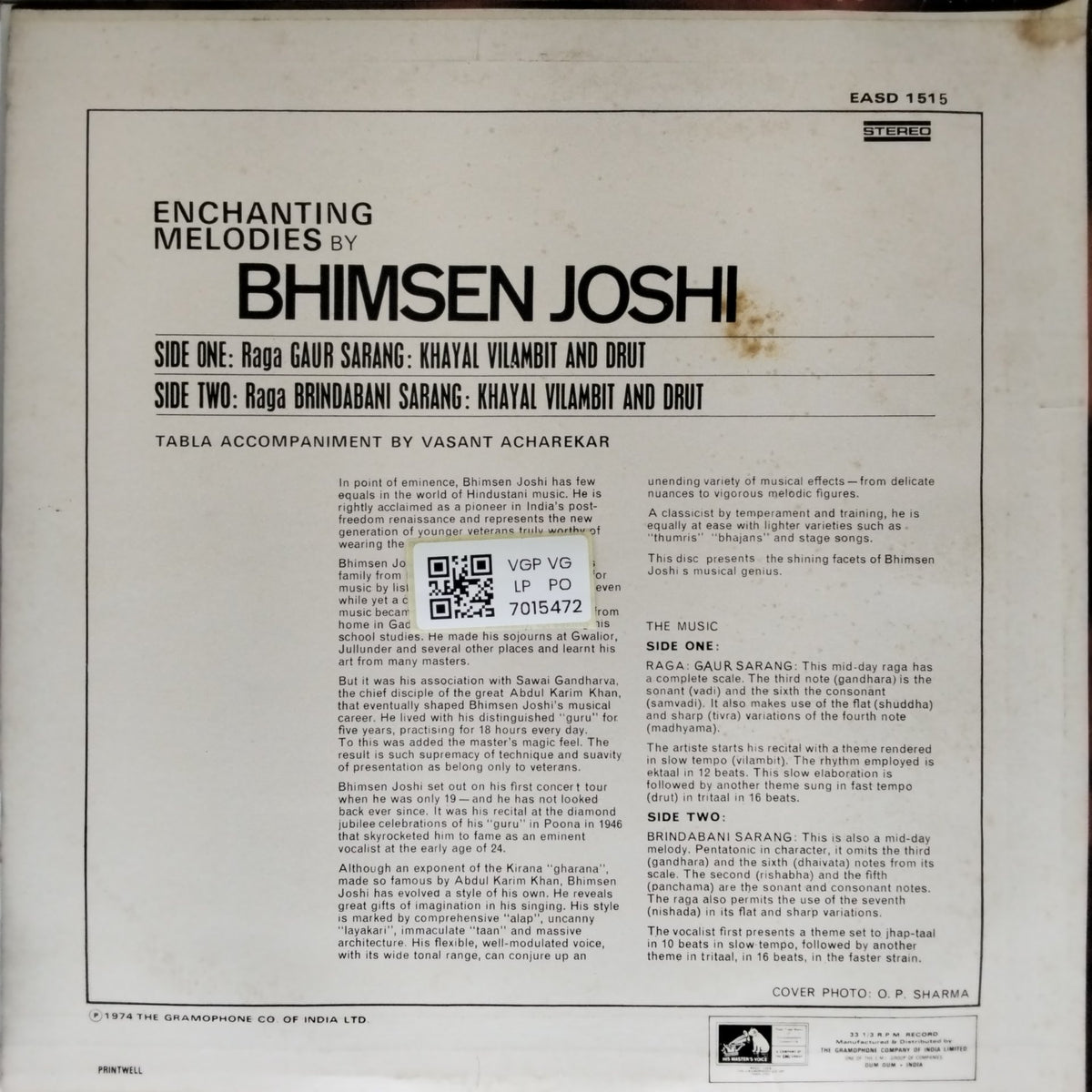 Bhimsen Joshi - Gaur Sarang / Brindabani Sarang (Vinyl)