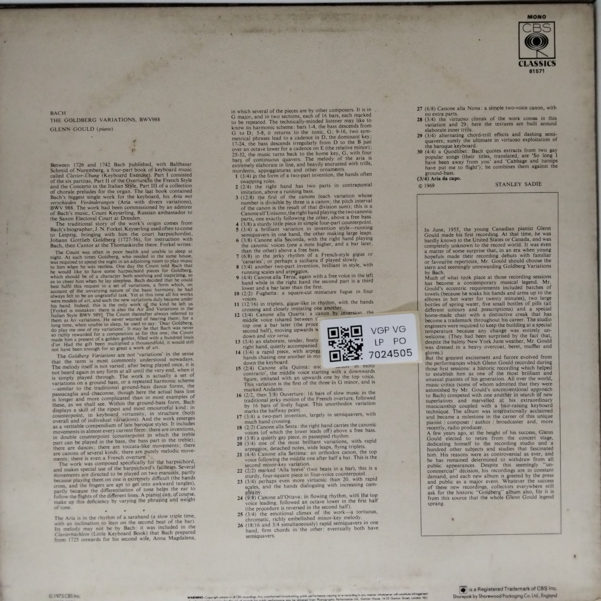 Glenn Gould - The Goldberg Variations (Vinyl)