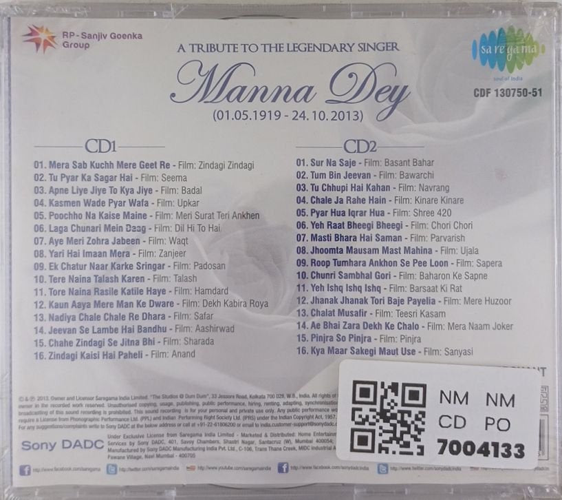 Manna Dey - A Tribute to the Legendary Singer Manna Dey (CD) (2)