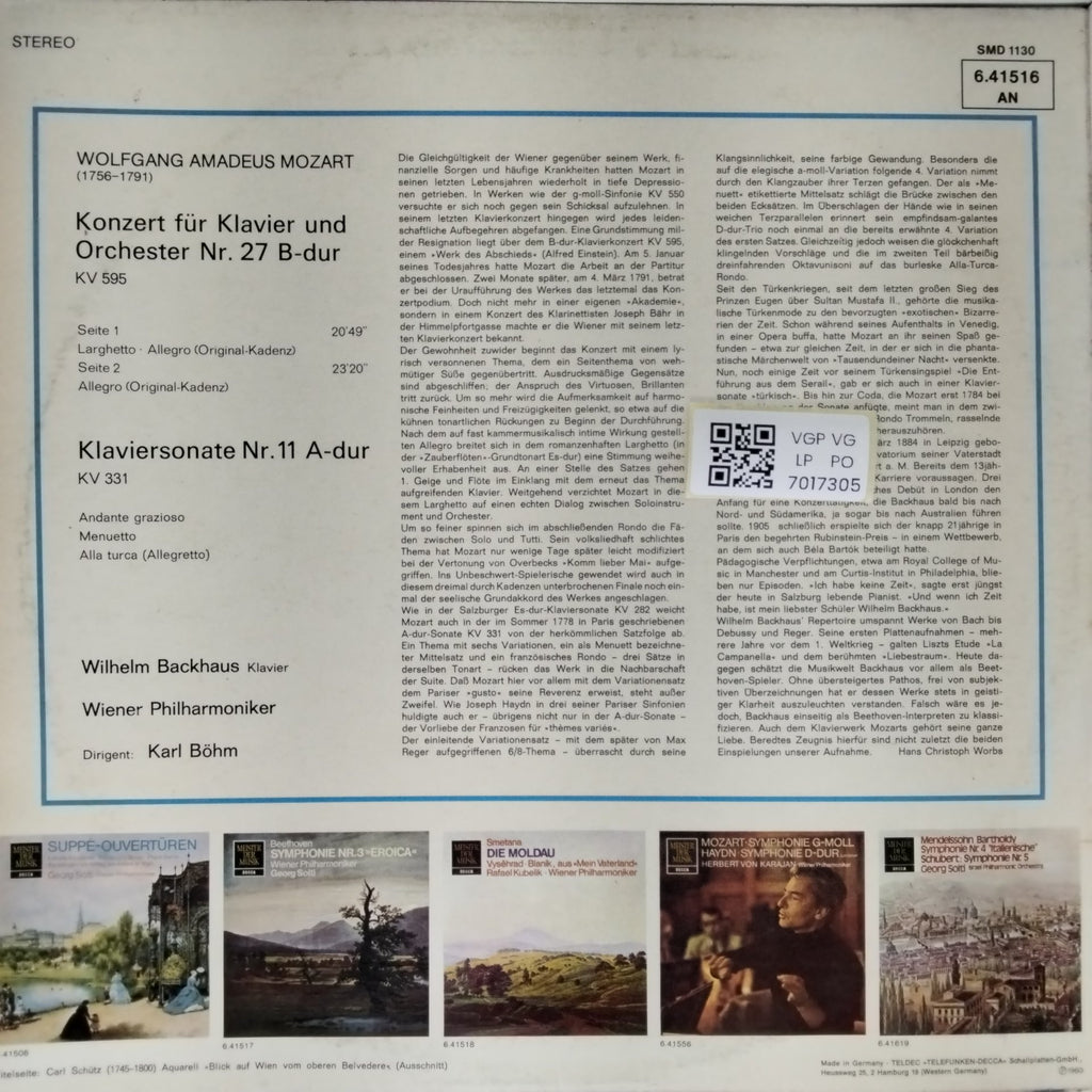 Karl Böhm, Wiener Philharmoniker, Wilhelm Backhaus - Klavierkonzert Nr. 27 B-dur Klaviersonate A-dur mit dem türkischen Marsch (Vinyl)