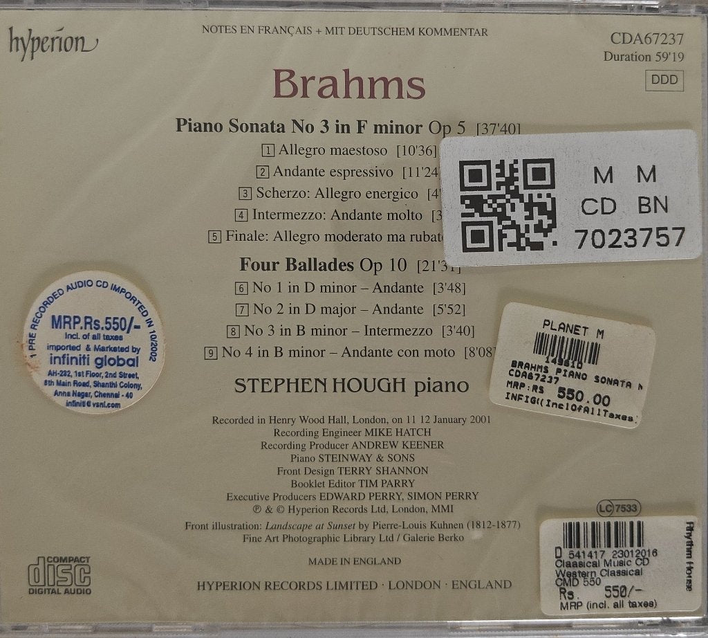 Stephen Hough - Brahms: Sonata in F minor Op. 5, Four Ballades Op. 10 (CD)