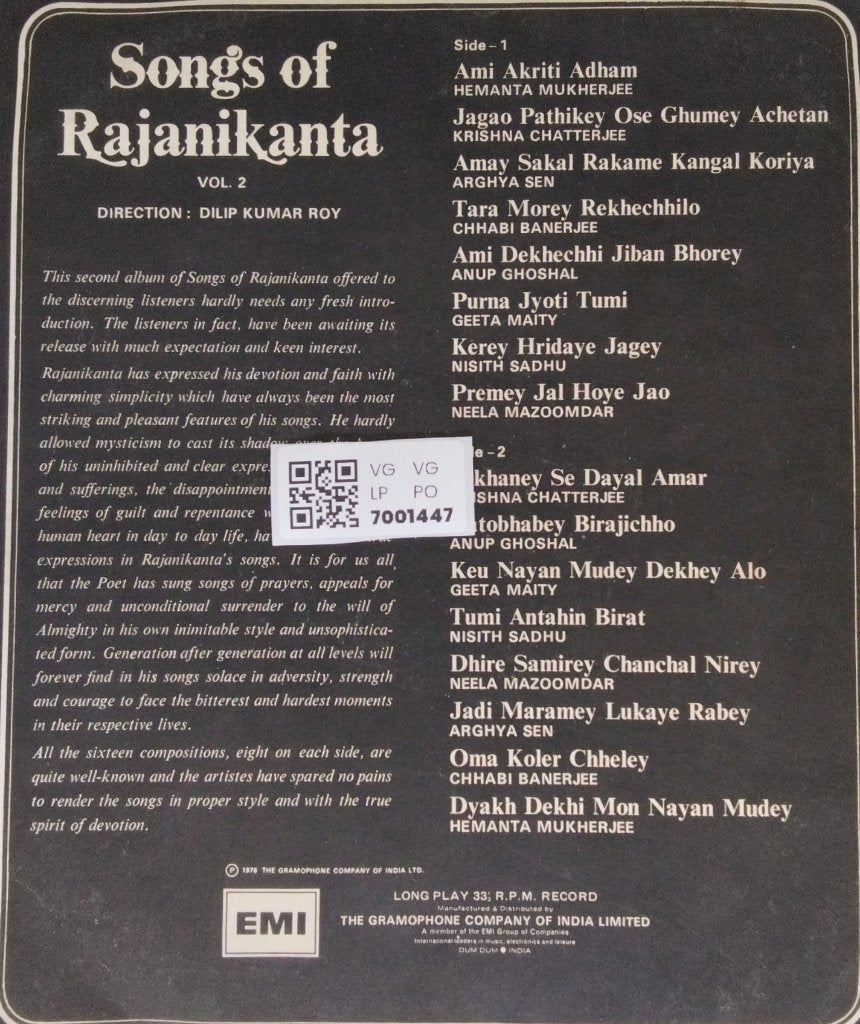 Hemanta Mukherjee, Krishna Chatterjee, Arghya Sen, Chhabi Banerjee, Anup Ghoshal, Geeta Maity, Nisith Sadhu, Neela Mazoomdar - Songs of Rajanikanta Vol. 2 (Vinyl)