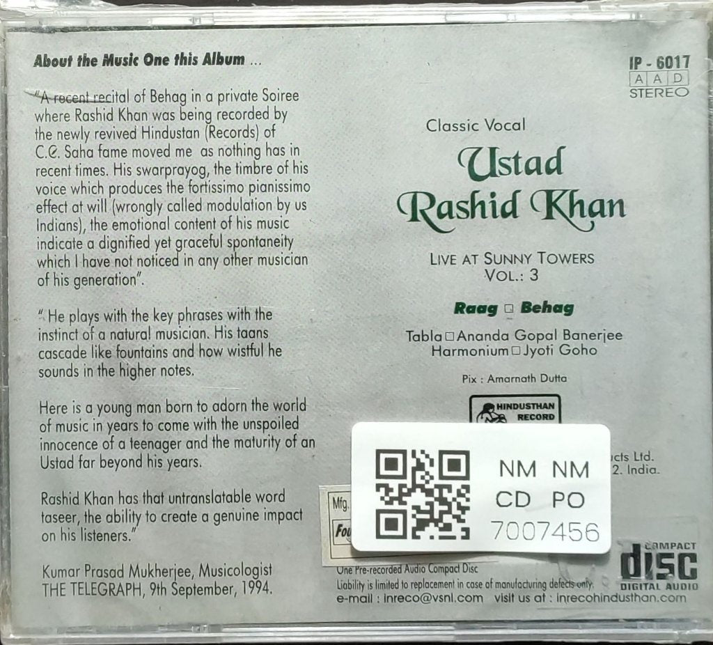 Ustad Rashid Khan - Live at Sunny Towers Vol. 3 (CD)