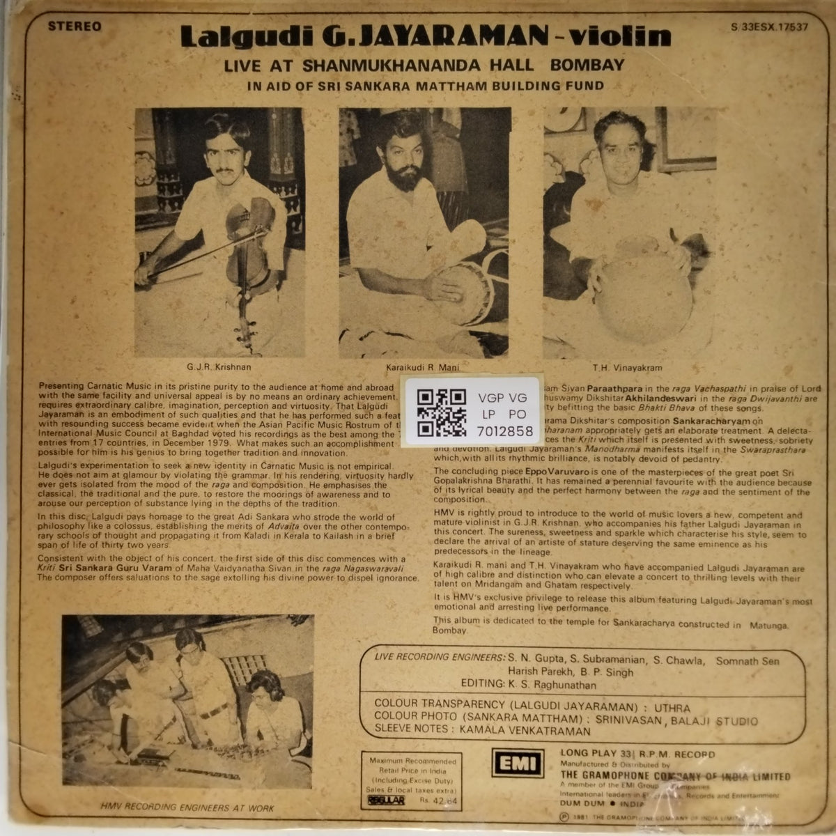 Lalgudi G. Jayaraman - Live at Shanmukhananda Hall Bombay (Vinyl)